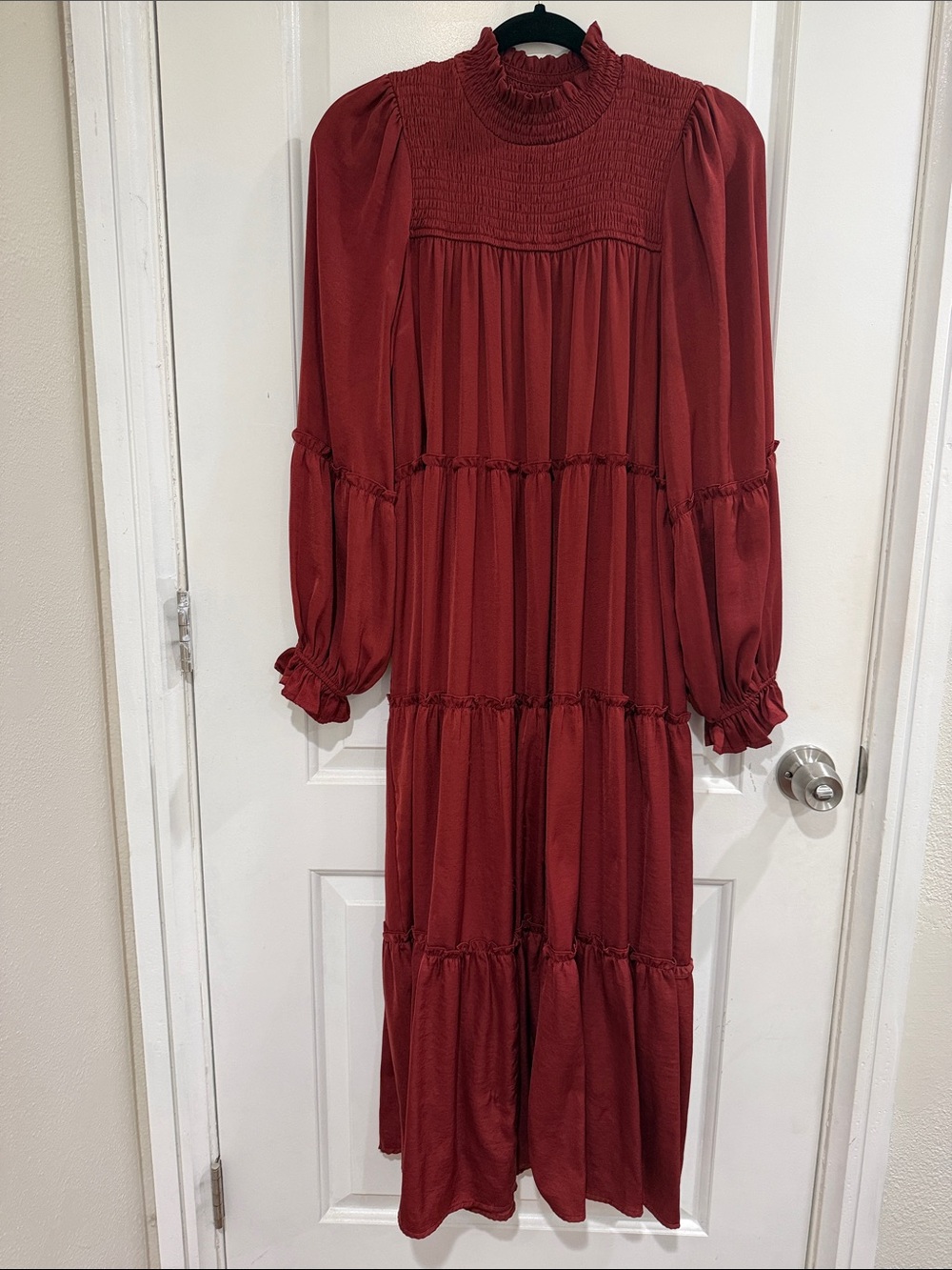 bohme Rust Red Smocked Yoke Tiered Maxi Dress